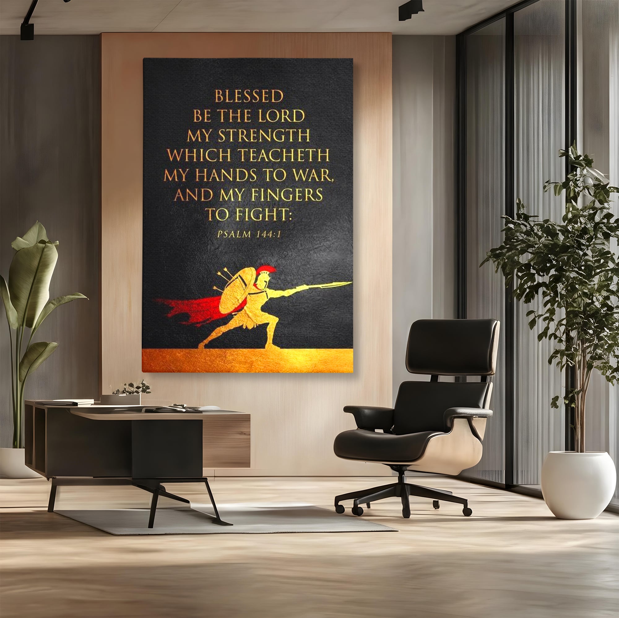 Tablou canvas cu tablou canvas cu razboinic antic si verset, fara rama, pe sasiu de lemn, pe perete intr-un birou
